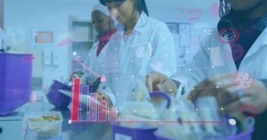 Laboratuvarda çalışan kadın bilim adamlarının istatistiklerini gösteren dijital arayüz animasyonu. Coronavirus covid 19 salgını sırasında sağlık, tıbbi araştırma ve koruma dijital olarak üretilen video.