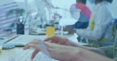 Ofisteki meslektaşlarının yüz maskesi taktığı istatistikleri gösteren dijital arayüz animasyonu. Coronavirus covid 19 salgını sırasında sağlık ve koruma dijital olarak üretilen video