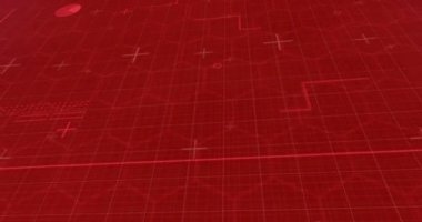 Kırmızı arkaplanda kırmızı çizgiler ve altıgenlerle veri işleme animasyonu. Dijital arayüz küresel bağlantı ve dijital olarak oluşturulan iletişim konsepti.