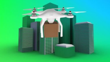 Arka planda şehir manzarası olan karton kutu taşıyan İHA animasyonu. Dijital arayüz küresel gönderim, bağlantı ve iletişim konsepti dijital olarak oluşturulmuş video.