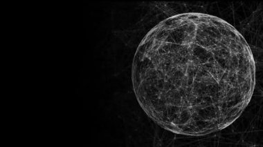 Siyah arkaplanda dönen bağlantı ağının animasyonu. Dijital arayüz küresel bağlantı ve dijital olarak oluşturulan iletişim konsepti.