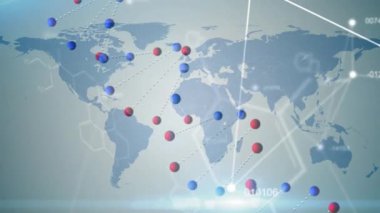 Dünya haritası üzerinde 3D DNA iplikçiklerinin dönüşünün ve veri işlemesinin animasyonu. küresel tıp, bilim ve genetik dijital olarak üretilen video.