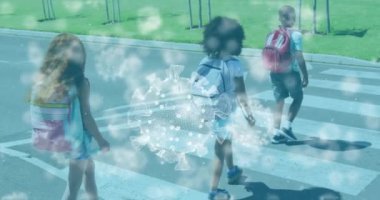 Karşıdan karşıya geçen bir grup öğrenciye karşı çoklu covid-19 hücrelerinin dijital bileşimi. covid-19 koronavirüs salgını konsepti