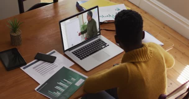 Estudiante Afroamericana Usando Laptop Videollamada Con Profesor Masculino Educación Línea — Vídeos de Stock