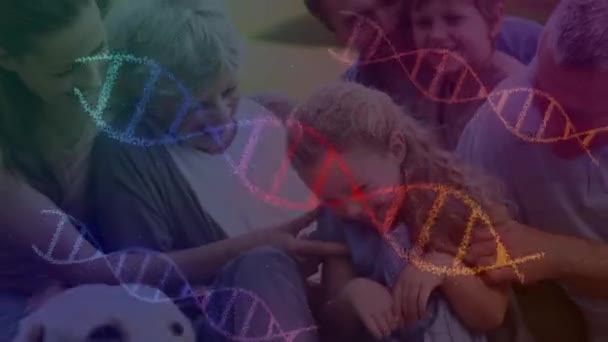 Animatie Van Kleurrijke Dna Strengen Spinnen Meerdere Generaties Familie Wereldwijde — Stockvideo