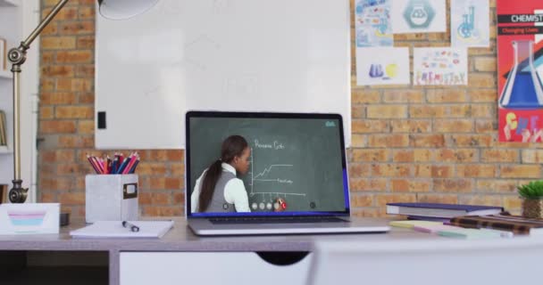 Mixed Race Female Teacher Displayed Laptop Screen Video Call Online — Stock Video