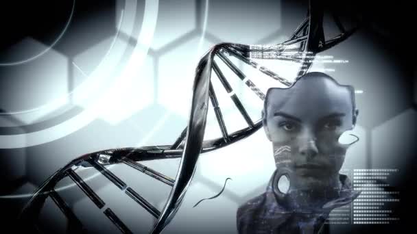 Animatie Van Dna Streng Spinnen Gegevensverwerking Het Gezicht Van Vloeibare — Stockvideo