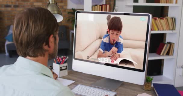 Caucasian Male Teacher Using Computer Video Call Schoolboy Online Education — Stock Video