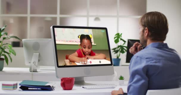 Caucasian Male Teacher Using Computer Video Call Schoolgirl Online Education — Stock Video