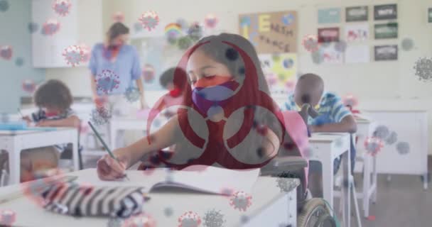 Animation Biohazard Symbol Covid Cells Children Classroom Wearing Face Masks — Stock Video