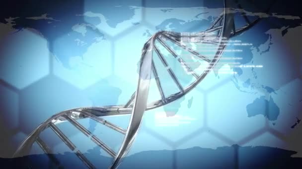 Анімація Обертання Ланцюгів Dna Обробка Даних Карті Світу Глобальна Медицина — стокове відео