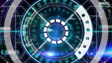 Kapsamlı tarama ve kara arkaplanda veri işleme animasyonu. dijital arayüz küresel bağlantı ve dijital olarak oluşturulan iletişim konsepti.