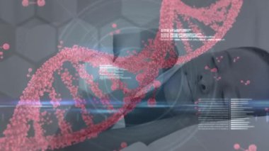 3D DNA iplikçiklerinin döndürülmesi ve uyuyan kadın üzerinde veri işlemesi. Küresel tıp, bilim ve genetik dijital olarak üretilen video.