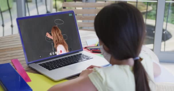 Kaukasisch Schoolmeisje Gezichtsmasker Met Laptop Videogesprek Met Vrouwelijke Leraar Online — Stockvideo