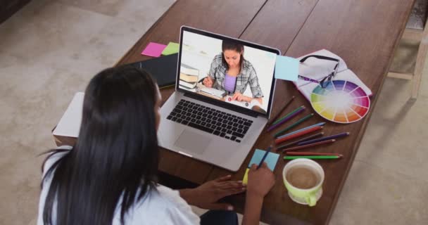 高加索女教师使用笔记本电脑与女学生进行视频通话 做笔记 在隔离隔离期间 在线教育在家中自我隔离 — 图库视频影像