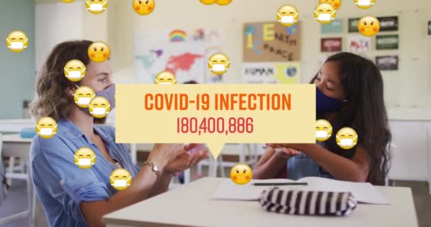 Animation Ord Covid Infektion Stigande Antal Och Emojis Med Maskerade — Stockvideo