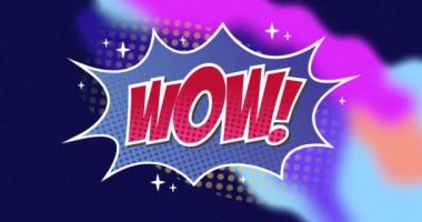 Çok renkli arkaplan üzerinde retro konuşma balonunda wow metninin kırmızı harflerle animasyonu. Klasik çizgi film biçimi konsepti dijital olarak oluşturulmuş video.