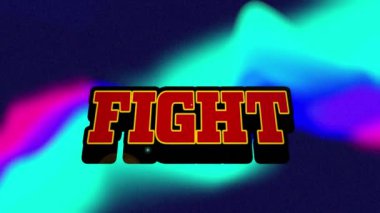 Kırmızı harflerle yazılmış dövüş metninin canlandırması bulanık arka planda. Genel bağlantı ağı ve video oyunu konsepti dijital olarak oluşturuldu.