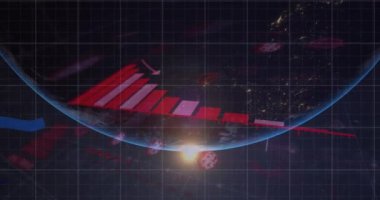 Dijital arayüzün animasyonu, dünyayı aydınlatan güneşin ışıldadığı istatistikleri gösteriyor. Dijital arayüz ve küresel iş, dijital olarak oluşturulan video