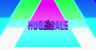 Neon çizgiler ve üçgenler üzerinde parlak mor harflerle büyük satış metinlerinin animasyonu. Retro alışveriş, perakende ve tasarruf konsepti dijital olarak oluşturuldu.