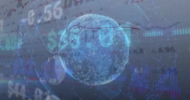 Dönen bağlantılardan oluşan dünya ile istatistikleri gösteren dijital arayüz animasyonu. Dijital arayüz ve küresel iş, dijital olarak oluşturulan video