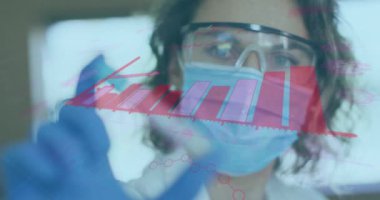 Yüz maskesi takan Covid-19 aşısı taşıyan bilim adamlarının istatistiklerini gösteren dijital arayüz animasyonu. Coronavirus covid 19 salgını sırasında sağlık ve korunma, dijital olarak üretilen video