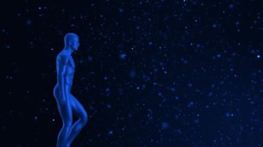 Mavi arka planda mavi noktaların üzerinde yürüyen mavi insan modeli animasyonu. Renk ve hareket kavramı dijital olarak oluşturulmuş video.