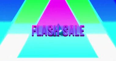 Neon üçgenler üzerine mor harflerle flash satış metninin animasyonu ve mavi ile yeşil parlayan ağ. Retro alışveriş, perakende ve tasarruf konsepti dijital olarak oluşturuldu. .