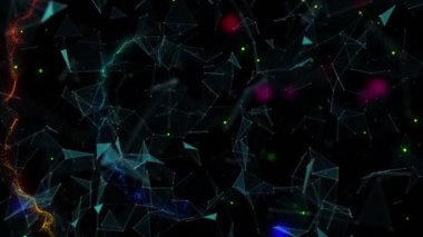 Siyah arkaplanda yüzen parlak bağlantı noktaları ve renkli izlerin animasyonu. küresel iletişim, renk ve hareket konsepti dijital olarak oluşturulmuş video.