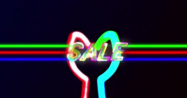 Satış metninin neon çizgileri ve ışık yolları üzerindeki renkli harflerle animasyonu. Retro alışveriş, perakende ve tasarruf konsepti dijital olarak oluşturuldu.