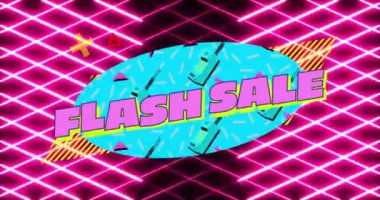 Animasyon satışı metni, neon pembe ağ üzerinde klasik tarz pankartta. Retro alışveriş, perakende ve tasarruf konsepti dijital olarak oluşturuldu.