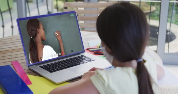 Kaukázusi Iskolás Lány Arcmaszkban Laptoppal Videóhíváson Női Tanárral Online Oktatás — Stock videók