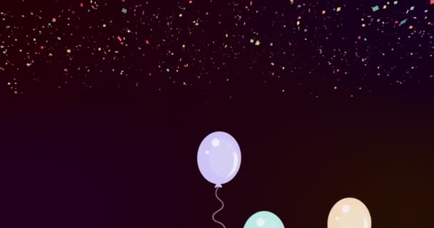 Animacja Wielu Kolorowych Balonów Przelatujących Nad Kolorowym Spadającym Konfetti Koncepcja — Wideo stockowe