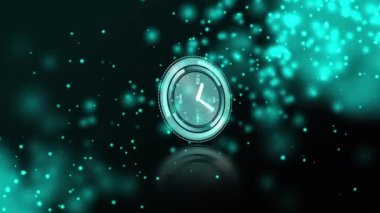 Arka planda parlayan yeşil noktalar üzerinde ilerleyen yeşil saatin animasyonu. Zaman, renk ve hareket kavramı dijital olarak oluşturuldu.