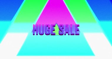 Parlak mor harflerle, neon üçgenler ve dalgalanan şekiller üzerinde devasa satış metinlerinin animasyonu. Retro alışveriş, perakende ve tasarruf konsepti dijital olarak oluşturuldu.