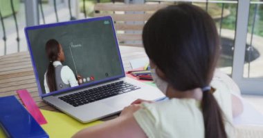 Kadın öğretmenle görüntülü görüşmede dizüstü bilgisayar kullanan maskeli beyaz bir öğrenci. Çevrimiçi eğitim karantina süresince evde tek başına kalıyor..