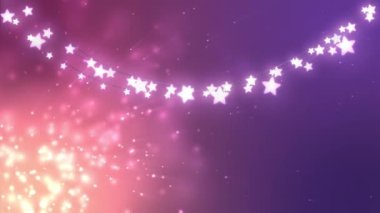 Mor ve pembe arkaplandaki noktaların üzerinde parlayan yıldız şeklindeki peri ışıklarının animasyonu. Renk ve hareket kavramı dijital olarak oluşturulmuş video.