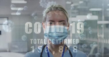 Coperid-19 kelimesinin animasyonu ve kadın doktor sayısı. Coronavirus covid 19 salgını sırasında sağlık ve koruma dijital olarak üretilen video.