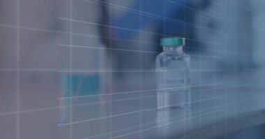 Masada duran covid-19 aşısı istatistiklerini gösteren dijital arayüz animasyonu. Coronavirus covid 19 salgını sırasında sağlık ve korunma, dijital olarak üretilen video