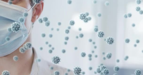 Animering Covid Celler Över Människan Ansiktsmask Med Temperaturkontroll Hälso Och — Stockvideo
