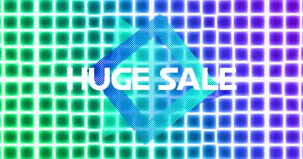 Animation Huge Sale Text White Letters Blue Diamond Shape Green — Stock Video