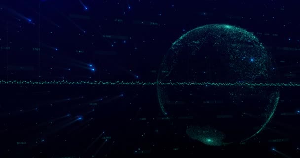 宇宙背景に回転する緑の光の輝く点のデジタル情報線と地球のアニメーション 世界的な通信ネットワークの概念を発展させ — ストック動画