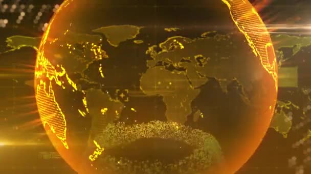 Animacja Świecącego Globu Obracającego Się Złotym Odpaleniem Pomarańczowymi Elementami Graficznymi — Wideo stockowe