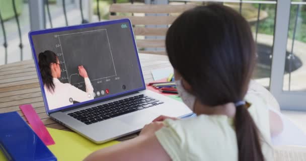 Estudante Caucasiana Máscara Facial Usando Laptop Videochamada Com Professora Educação — Vídeo de Stock