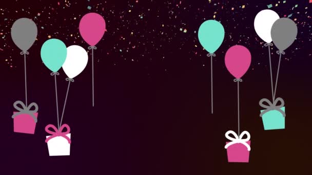 Анімація Декількох Різнокольорових Кульок Подарунками День Народження Над Барвистим Конфетті — стокове відео