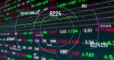 Finansal veri işleme ve tarama animasyonları. dijital arayüz küresel bağlantı ve dijital olarak oluşturulan iletişim konsepti.