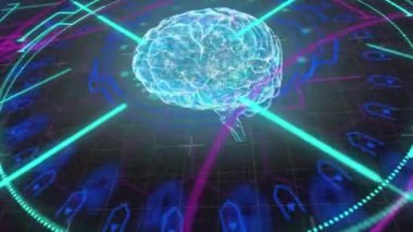 Parlayan insan beyninin animasyonu, arka planda tarama ve veri işleme sistemi. Dijital arayüz küresel bilim, bağlantı ve iletişim konsepti dijital olarak oluşturulmuş video.