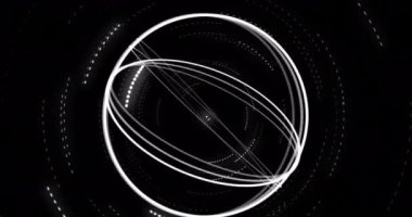Siyah zemin üzerinde dönen beyaz halkaların beyaz ışıklarla canlandırılması. Geometri, hareket ve enerji kavramı, dijital olarak üretilen video.