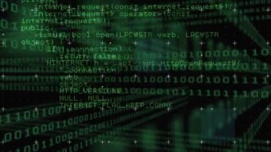 Arka plandaki veri işleme sırasında değişen ikili kodlama sayılarının animasyonu. Dijital arayüz küresel bağlantı ve dijital olarak oluşturulan iletişim konsepti.