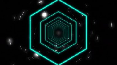 Hareket eden mavi neon altıgenlerin animasyonu kozmosun arka planında bozuluyor. enerji, elektrik, parlaklık, renk ve hareket konsepti, dijital olarak oluşturulmuş video.